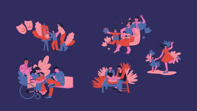 Ilustrācija violeti rozā toņos ar cilvēkiem, kas dzied, spēlē teātri, dejo.