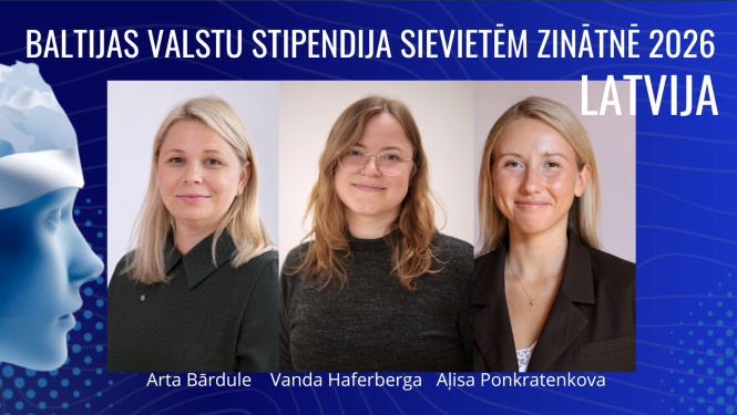 Trīs stipendijas laureāšu portreti zilā rāmī