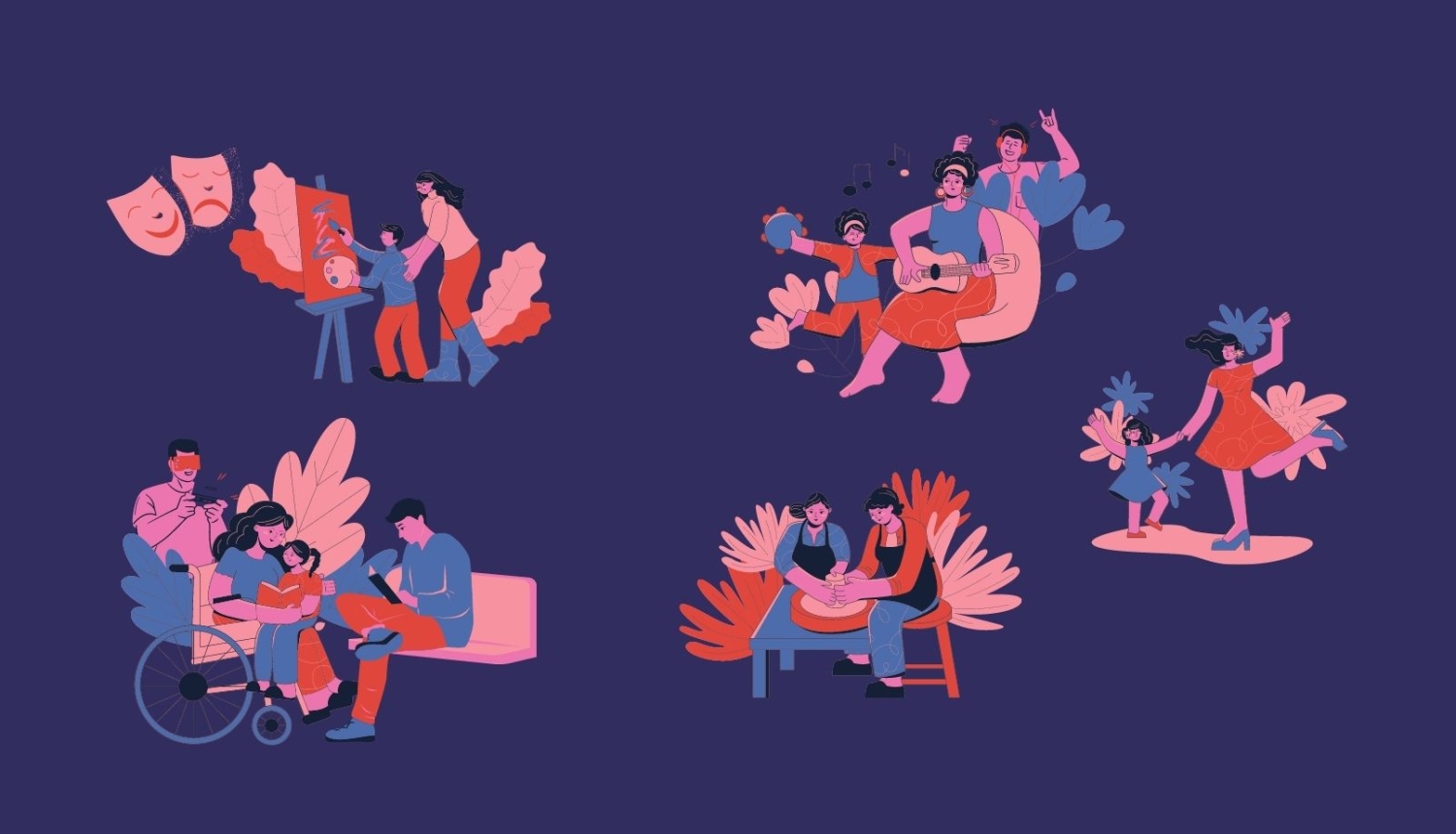 Ilustrācija violeti rozā toņos ar cilvēkiem, kas dzied, spēlē teātri, dejo.