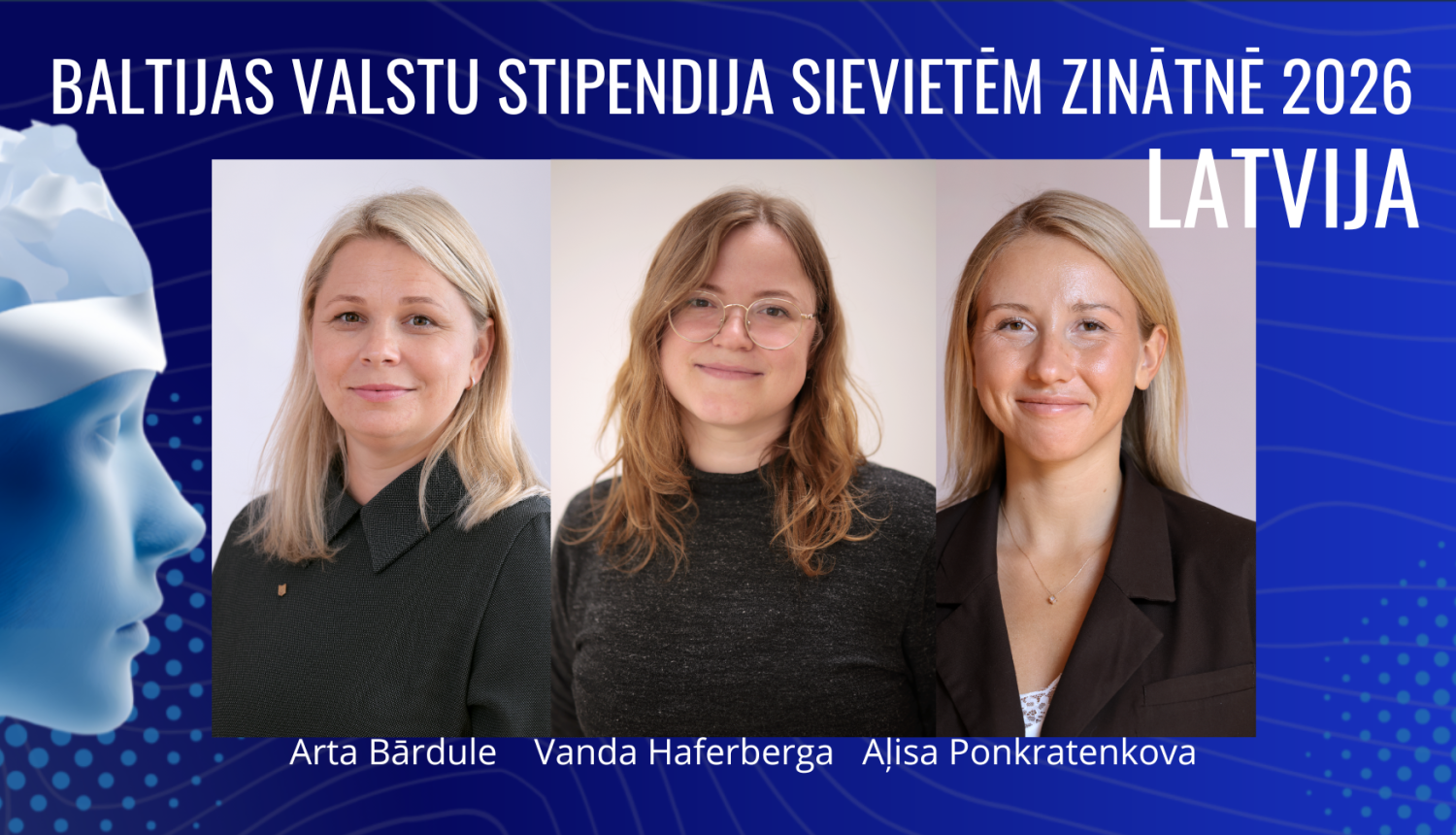 Trīs stipendijas laureāšu portreti zilā rāmī