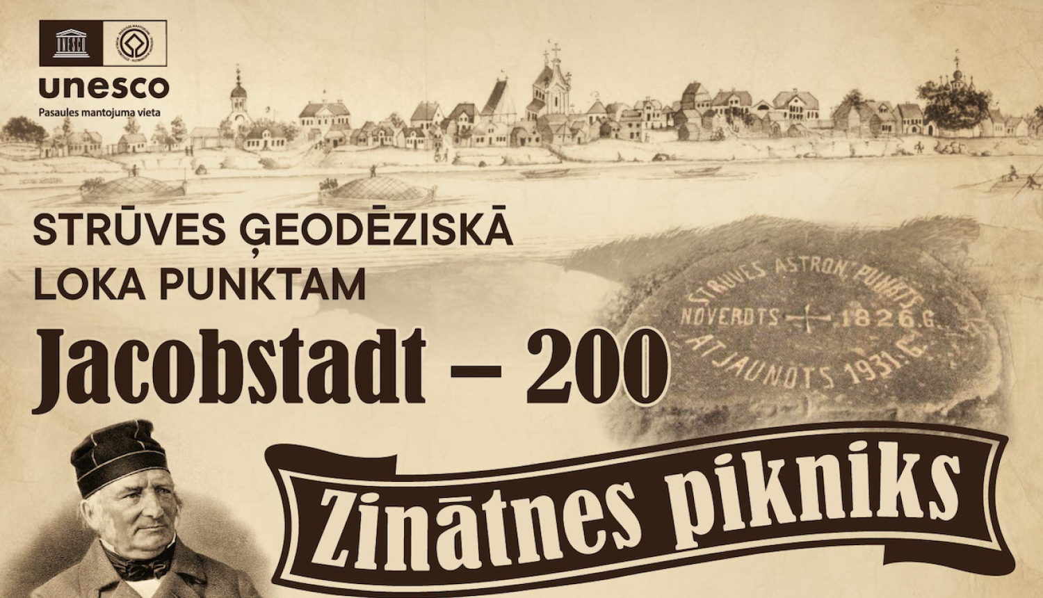 Plakāts ar uzrakstu par zinātnes pikniku un ar UNESCO logo uz bēša fona 