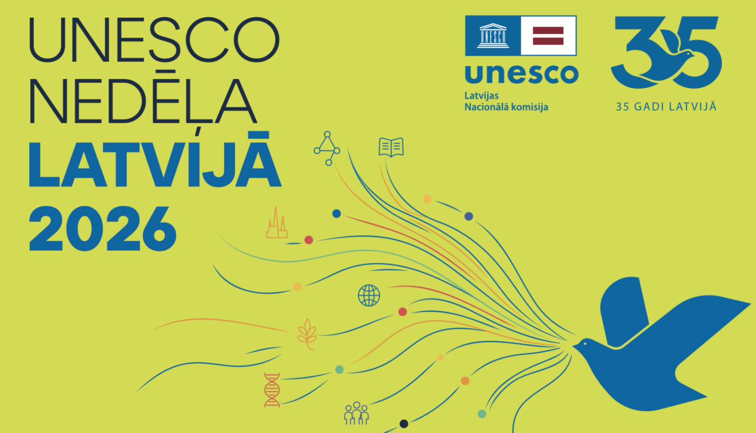Plakats ar uzrakstu UNESCO nedēļa Latvijā 2026, miera balodis zilā krāsā uz gaiši dzeltena fona