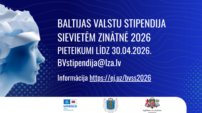 Uz tumši zila fona nosaukums ar stipendiju, īstenotāju logotipi un sievietes seja profilā.