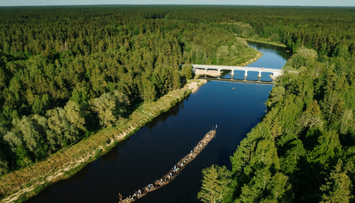 Gaujas upe ar mežainiem krastiem no putna lidojuma, tilts pār upi, upē – plosts